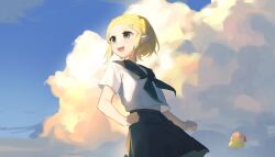 1girl blonde_hair blue_sky braid cameo cloud cloudy_sky contemporary crown_braid flying green_eyes green_neckerchief green_sailor_collar green_skirt hair_ornament hairclip hashtag-only_commentary highres kirby kirby_(series) midriff_peek neckerchief nintendo open_mouth pointy_ears riding sailor_collar school_uniform serafuku shirt short_hair skirt sky smile solo_focus teeth the_legend_of_zelda the_legend_of_zelda:_tears_of_the_kingdom upper_teeth_only white_shirt yumiyumo3o