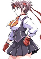 1girl black_skirt black_vest brown_eyes brown_hair capcom female_focus fingerless_gloves gloves hand_on_own_hip headband highres ikaringo_(ikaringo4444) kasugano_sakura matching_hair/eyes red_gloves red_headband red_ribbon ribbon shirt skirt solo street_fighter street_fighter_v vest white_background white_shirt