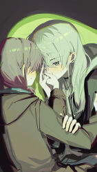 2girls absurdres black_choker black_jacket blush brown_hair choker commentary earclip english_commentary girls_band_cry grey_eyes grey_hair hair_between_eyes highres holding_hands hood hood_down hooded_jacket iseri_nina jacket kawaragi_momoka long_hair multicolored_hair multiple_girls roots_(hair) short_hair spotlight sweatdrop ydpfa yuri