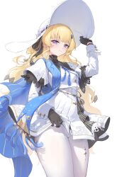 1girl absurdres adjusting_clothes adjusting_headwear arm_up black_gloves blonde_hair blue_eyes blue_gemstone blue_sash blush closed_mouth clothes_lift commentary cropped_shirt gem gloves hair_ornament hand_on_own_hat hat high-waist_skirt highres long_hair long_sleeves looking_at_viewer pantyhose phoebe_(wuthering_waves) sash shirt simple_background skirt skirt_lift smile solo tacet_mark_(wuthering_waves) white_background white_hat white_pantyhose white_shirt white_skirt wuthering_waves x_hair_ornament zonunoll