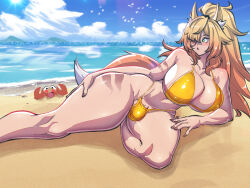 Rule 34 | 1futa, 2025, animal ear fluff, animal ears, bare shoulders, beach, big hair, bikini, blush, body markings, breasts, bulge, cloud, cloudy sky, collarbone, commentary, commission, crab, curvy, english commentary, eyepatch, feet out of frame, fox ears, fox girl, futanari, green eyes, hair between eyes, highleg, highleg bikini, highres, huge breasts, long hair, lying, mesiasart, mountainous horizon, narrow waist, navel, ocean, on side, one eye covered, open hand, original, outdoors, partially visible vulva, puckered lips, red nails, shadow, shiny skin, shore, sky, solo, sun, swimsuit, thick thighs, thighs, thong, very long hair, wavy hair, wide hips, yellow bikini