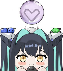 1girl aqua_hair bare_shoulders black_hair blue_hair bodysuit breasts chibi chibi_only colored_inner_hair goddess_of_victory:_nikke hair_intakes labbri little_mermaid_(nikke) long_hair looking_at_viewer multicolored_hair see-through_clothes solo twintails very_long_hair yellow_eyes