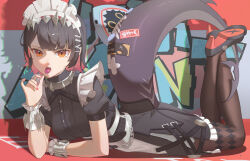 1girl absurdres black_dress black_shoes brown_pantyhose candy colored_inner_hair commentary_request dress ellen_joe fins fish_tail food full_body high_heels highres holding holding_candy holding_food holding_lollipop lollipop looking_at_viewer lying maid_headdress mole mole_under_eye multicolored_hair on_stomach open_mouth orange_eyes pantyhose pink_hair puffy_short_sleeves puffy_sleeves shadow shark_tail shengkai167 shoes short_sleeves solo tail the_pose zenless_zone_zero