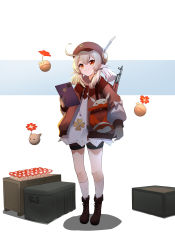 1girl absurdres ahoge akm alternate_costume ammunition_box assault_rifle bag bike_shorts black_shorts boots cabbie_hat clover_print commentary_request full_body genshin_impact gun gun_on_back hair_between_eyes hat highres holding jumpy_dumpty kalashnikov_rifle klee_(genshin_impact) knee_boots kneehighs light_brown_hair long_hair long_sleeves looking_at_viewer low_twintails orange_eyes qixia rifle shorts shoulder_bag sidelocks simple_background smile socks solo standing tablet_pc twintails weapon weapon_on_back