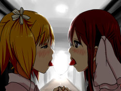 Rule 34 | 2girls, blonde hair, blush, dripping, facing another, flower, green eyes, hallway, handkerchief, holding hands, kiss, looking at another, multiple girls, nullhachi, pink hair, red eyes, sakura trick, saliva, saliva trail, school, school uniform, sonoda yuu, takayama haruka, yuri