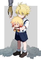3boys antenna_hair black_shoes black_shorts blonde_hair border character_doll collared_shirt commentary_request doll gradient_hair hair_between_eyes highres holding_hands hugging_doll hugging_object lygus_(honkai:_star_rail) male_focus multicolored_hair multiple_boys mydei_(honkai:_star_rail) ni_nt0 outside_border phainon_(honkai:_star_rail) red_hair shirt shoes short_hair shorts silhouette socks white_border white_shirt white_socks yellow_eyes