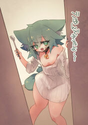 1boy androgynous animal_ears bell bulge door door_handle dress green_eyes green_hair highres holding holding_spoon male_focus neck_bell open_door opening_door original spoon sweater sweater_dress tail tbkeesuu trap