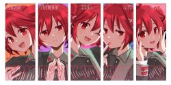 1girl black_shirt buttons closed_mouth collared_shirt english_text fingernails hair_between_eyes hands_up highres index_finger_raised kasane_teto kasane_teto_(voicepeak) looking_at_viewer multiple_expressions multiple_views np_eny one_eye_closed open_mouth own_hands_together red_hair red_nails shirt upper_body utau voicepeak wing_collar