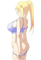 1girl ass blonde_hair blue_eyes bra breasts darkness_(konosuba) highres kono_subarashii_sekai_ni_shukufuku_wo! large_breasts long_hair monya_monya_(tmsc7752) panties panty_pull ponytail pulling_own_clothes sidelocks solo thighs underwear white_background