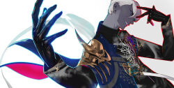 1boy black_gloves black_shirt blue_eyes dark-skinned_male dark_skin fate/grand_order fate_(series) foreshortening from_side gloves gradient_background grey_background grin hair_behind_ear hands_up highres indra_(fate) long_sleeves looking_at_viewer male_focus pako_(pakosun) parted_lips profile shirt short_hair smile solo upper_body white_background white_hair