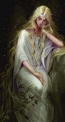 1boy absurdres androgynous blonde_hair circlet closed_eyes elden_ring hand_in_own_hair highres long_hair male_focus miquella_(elden_ring) sitting solo tunic vats9_9 very_long_hair wavy_hair white_tunic