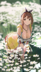 1girl absurdres atelier_(series) atelier_ryza atelier_ryza_1 beret breasts brown_eyes brown_hair cleavage closed_mouth commentary_request detached_sleeves flower hat highres holding holding_flower jacket jewelry jianjia large_breasts leaning_forward necklace outdoors red_shorts reisalin_stout short_shorts shorts sidelocks sleeveless sleeveless_jacket smile solo star_(symbol) star_necklace thighhighs yellow_jacket