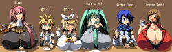 2boys 4girls alcohol aqua_eyes aqua_hair bare_shoulders blonde_hair blue_hair blush breast_rest breasts brown_hair cleavage closed_eyes coffee cup drunk gigantic_breasts hatsune_miku headphones highres kagamine_len kagamine_rin kaito_(vocaloid) kloah lineup long_hair megurine_luka meiko_(vocaloid) multiple_boys multiple_girls necktie open_mouth pink_hair plate ribbon sake short_hair simple_background tongue twintails vocaloid