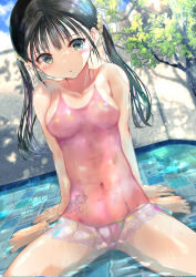 1girl blue_eyes breasts dutch_angle highres light_blush long_hair looking_at_viewer medium_breasts microskirt navel ogata_tei one-piece_swimsuit original pink_one-piece_swimsuit see-through_clothes see-through_one-piece_swimsuit see-through_skirt signature sitting skirt solo swimsuit twintails wariza water