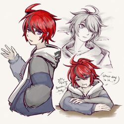 1boy ahoge black_hair blue_eyes english_text highres looking_at_viewer messy_hair multicolored_eyes multicolored_hair multiple_views open_mouth red_eyes red_hair speech_bubble sumino_takumi the_hundred_line_-last_defense_academy-