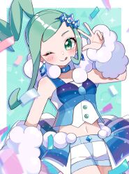 Rule 34 | ;p, arm warmers, blush, choker, confetti, diamond earrings, earrings, green eyes, green hair, hair ornament, highres, jewelry, lisia (pokemon), looking at viewer, midriff, navel, nemui o23, nintendo, one eye closed, pokemon, pokemon oras, short shorts, shorts, tongue, tongue out, w, white shorts