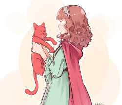 Rule 34 | 1girl, ani inako, animal, blue dress, brown hair, cape, cat, dame x prince, dress, from side, hairband, hidariyana, holding, holding animal, holding cat, lolita hairband, long sleeves, orange cat, puffy sleeves, red cape, solo, white background