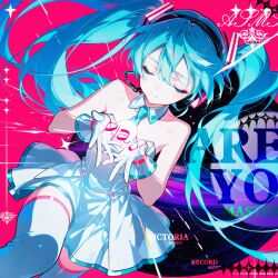 Rule 34 | 1girl, bare shoulders, black hairband, blue hair, blue necktie, blue trim, collarbone, detached collar, dress, floating hair, gloves, hairband, hatsune miku, headphones, headset, long hair, microphone, necktie, pleated dress, red background, sanneko no ie, short dress, solo, strapless, strapless dress, thighhighs, twintails, very long hair, vocaloid, watermark, white dress, white gloves, white thighhighs, zettai ryouiki
