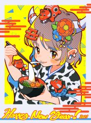 1girl 2021 animal animal_on_head animal_print blue_flower bowl chinese_zodiac chopsticks cow_horns cow_print drooling earrings eating flower food grey_hair hair_flower hair_ornament happy_new_year highres holding holding_bowl holding_chopsticks horns japanese_clothes jewelry kimono leaf looking_at_viewer nagare750 nail_polish new_year obi on_head original red_flower saliva sash upper_body wide_sleeves year_of_the_ox