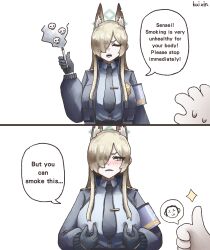 1boy 1girl absurdres animal_ear_fluff animal_ears armband blonde_hair blue_archive blue_armband blue_eyes blue_halo blue_jacket blue_necktie blue_shirt blush breasts cigarette dog_ears doodle_sensei_(blue_archive) hair_over_one_eye halo highres holding holding_cigarette jacket kai_xin kanna_(blue_archive) large_breasts long_hair necktie nipple_stimulation nipple_tweak nipple_tweak_through_clothes notched_ear police_badge rectangular_halo sensei_(blue_archive) sharp_teeth shirt skull smoke sweat teeth thumbs_up tongue tongue_out
