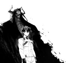2boys absurdres cloak fate/grand_order fate_(series) fujimaru_ritsuka_(male) fujimaru_ritsuka_(male)_(decisive_battle_chaldea_uniform) gloves greyscale height_difference highres hood horns king_hassan_(fate) mask monochrome multiple_boys obazzotto pants skeletal_face skull_mask white_background