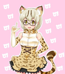 10s animal_ears animal_print bare_shoulders black-framed_eyewear bow cat_ears cat_tail commentary_request elbow_gloves fang glasses gloves green_eyes japari_symbol kemono_friends margay_(kemono_friends) margay_ears margay_tail pointing pointing_up solo tail yasuhito