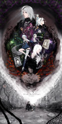 6+boys 6+girls absurdres android bad_id bad_pixiv_id bandages blindfold book cloak devola dress emil_(nier) fyra grimoire_noir grimoire_weiss highres kaine_(nier) kira_yuki lingerie mask masked_king multiple_boys multiple_girls negligee nier nier_(brother) nier_(brother)_(post_timeskip) nier_(character) nier_(series) no._7_(nier) popola red_hair shadow_lord_(nier) siblings silver_hair sisters skeleton staff twins underwear yonah