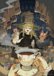 Rule 34 | 1boy, 1girl, artist name, bat wings, blonde hair, braid, commentary, cup, demizu posuka, hat, highres, holding, holding cup, holding phone, holding teapot, low twin braids, original, phone, pov, steam, teacup, teapot, twin braids, wings, witch hat