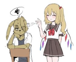 1boy 1girl alternate_costume animal_ears animal_nose arm_behind_back black_eyes black_skirt black_tank_top blonde_hair blush bow bowtie brown_fur closed_eyes closed_mouth collared_shirt commentary cowboy_shot crossover crystal_wings english_commentary five_nights_at_freddy&#039;s flandre_scarlet furry furry_male hair_between_eyes hair_bobbles hair_ornament half-closed_eyes hand_on_own_face hand_up himuhino long_hair looking_at_viewer multicolored_wings no_headwear on_chair one_side_up open_clothes open_shirt pleated_skirt plushtrap rabbit_boy rabbit_ears red_bow red_bowtie sailor_collar scar scar_across_eye scar_on_face school_uniform serafuku shirt short_sleeves simple_background sitting skirt smile spoken_squiggle squiggle standing tank_top throwing touhou white_background white_shirt wings