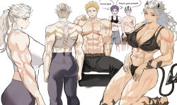 2boys 2girls abs absurdres blonde_hair blue_eyes breasts commentary crossed_arms dorohedoro ebisu_(dorohedoro) fujita_(dorohedoro) highres korean_commentary large_breasts long_hair multicolored_hair multiple_boys multiple_girls multiple_piercings muscular muscular_female muscular_male noi_(dorohedoro) park_ongjol purple_eyes purple_hair red_eyes shin_(dorohedoro) short_hair two-tone_hair white_background white_hair