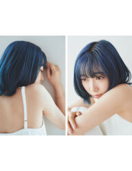 Rule 34 | 1girl, blue hair, brown eyes, dress, flat chest, indoors, japanese (nationality), kobayashi aika, lipstick, looking to the side, makeup, multiple views, photo (medium), pink nails, real life, short hair, voice actor, white background, white dress