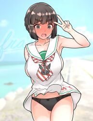 Rule 34 | 1girl, absurdres, alternate costume, beach, black hair, black panties, blue sky, blush, bow, bow panties, breasts, brown eyes, cloud, cosplay, day, dress, embarrassed, full-face blush, furaggu (frag 0416), highres, kantai collection, large breasts, libeccio (kancolle), libeccio (kancolle) (cosplay), myoukou (kancolle), neckerchief, outdoors, panties, red neckerchief, sailor collar, sailor dress, short hair, sky, sleeveless, sleeveless dress, solo, standing, striped neckerchief, underwear, v, white dress, white sailor collar