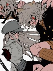 1boy 1other animal_ears brown_socks cat_ears claws grey_hair hat highres hunter_x_hunter kite_(hunter_x_hunter) long_hair messy_hair missing_limb mizu1202001 neferpitou peacoat red_eyes socks stitches very_long_hair