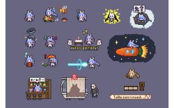 1boy 1girl animal_ears bar_stool bathtub bee_(minecraft) border braid chibi creeper dress electrocution explosive friday_the_13th grey_background happy_birthday holding holding_weapon hololive jason_voorhees jojo_no_kimyou_na_bouken komatsu_matsuko_(comatsuco) minecraft multiple_views parody pekomon_(usada_pekora) pixel_art polearm rabbit rabbit_ears rabbit_girl skeleton spacecraft speech_bubble stool tnt tnt_block_(minecraft) transparent_border trident twin_braids usada_pekora usada_pekora_(1st_costume) virtual_youtuber weapon white_dress x-ray