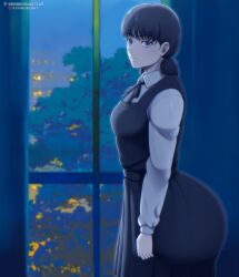 1girl absurdres artist_name ass black_eyes black_hair breasts chainsaw_man curvy highres huge_ass large_breasts long_hair long_sleeves looking_at_viewer mitaka_asa school_uniform skirt solo wide_hips window z-art