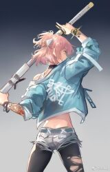 1girl artist_request butt_crack fate/grand_order fate_(series) okita_souji okita_souji_(fate) short_shorts shorts sword tagme weapon