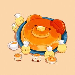 baby_animal bear bird blush_stickers butter chef_hat chick drooling food hat maple_syrup no_humans original pancake plate shadow simple_background tenmiyakiyo