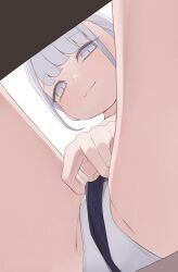 1girl :3 black_shorts blush chair collarbone desk from_below frontal_wedgie grey_eyes grey_hair grey_panties highres hiroki_(yyqw7151) looking_at_viewer looking_down original panties self_wedgie short_hair shorts sitting smile underwear wedgie white_background