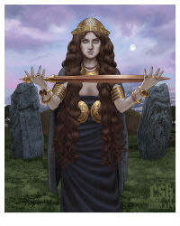1girl armband blue_cape blue_robe bronze bronze_headwear brown_hair cape christian_sloan_hall full_moon gold_armlet green_eyes highres holding holding_sword holding_weapon ireland jewelry long_hair moon necklace original priestess ring robe solo sword weapon