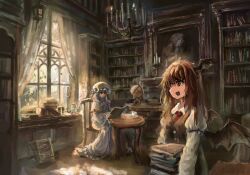 2girls alucard_(castlevania) black_vest book brown_eyes brown_hair candle castlevania_(series) chair chandelier closed_mouth collared_shirt commentary crescent crescent_hat_ornament cup day demon_girl demon_wings dress expressionless full_body globe hat hat_ornament head_wings highres holding holding_book indoors koakuma library long_hair long_sleeves looking_at_another looking_to_the_side mob_cap multiple_girls necktie open_mouth painting_(object) patchouli_knowledge purple_dress purple_eyes purple_hair red_necktie shirt slice_of_life smile striped_clothes striped_dress table teacup touhou upper_body vertical-striped_clothes vertical-striped_dress vest white_shirt window wings zhuxie1264852