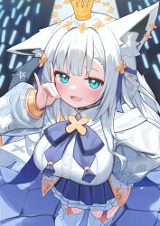 1girl :d absurdres ahoge animal_ear_fluff animal_ear_piercing animal_ears aqua_eyes aqua_hair blue_skirt blunt_bangs braid breasts collared_shirt commentary concert crown deaver floating_crown fox_ears fox_girl fox_shadow_puppet fox_tail glowstick hair_ribbon halo hand_on_own_hip hand_up headset highres hololive idol idol_clothes large_breasts legwear_garter long_hair long_sleeves looking_at_viewer mini_crown miniskirt neck_ribbon official_alternate_costume official_alternate_hairstyle open_mouth parted_bangs pentagram pleated_skirt puffy_long_sleeves puffy_sleeves ribbon shirakami_fubuki shirakami_fubuki_(saint) shirt sidelocks skirt smile solo standing tail thighhighs virtual_youtuber white_hair white_shirt white_thighhighs