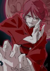 Rule 34 | 1boy, absurdres, changpao, chinese clothes, collared shirt, cowboy shot, determined, evil smile, fighting stance, fingernails, furrowed brow, glowing, hair between eyes, happinesscharge precure!, high collar, highres, long sleeves, male focus, moon, open mouth, outline, precure, red (happinesscharge precure!), red eyes, red hair, red moon, red outline, red shirt, shipu (gassyumaron), shirt, short hair, signature, smile, solo, space