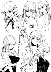 1girl blood blood_on_face bow_(weapon) chibi dark_sakura expressionless fate/stay_night fate_(series) homurabara_academy_school_uniform jacket kiya_hajime lineart long_hair matou_sakura monochrome multiple_views muneate school_uniform skirt smile weapon