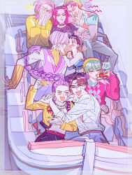 3boys 5boys abby_(kpop_demon_hunters) aqua_hair baby_(kpop_demon_hunters) blunt_bangs blush braid braided_ponytail commentary covering_own_eyes cropped_jacket floating_hair hashtag-only_commentary hat highres hug jewelry jinu_(kpop_demon_hunters) kpop_demon_hunters mira_(kpop_demon_hunters) multiple_boys mystery_(kpop_demon_hunter) necklace notice_lines open_mouth pink_hair purple_hair romance_(kpop_demon_hunters) rumi_(kpop_demon_hunters) scared sitting smile symbol-only_commentary yurichen111 zoey_(kpop_demon_hunters)