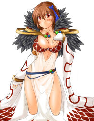 1girl areola_slip argyle_clothes argyle_dress belt blue_belt blue_bow blush bow breasts brown_hair cleavage commentary_request detached_sleeves dress full_body fur_collar hair_bow kaminagi_(kaminagi-tei) kneeling large_breasts looking_at_viewer medium_hair no_panties orange_eyes ragnarok_online see-through_clothes see-through_dress side_slit simple_background sleeveless sleeveless_dress solo sorcerer_(ragnarok_online) white_background white_dress white_sleeves