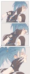 2boys 3koma absurdres aqua_hair armpit_cutout back_cutout banysun black_bodysuit black_gloves body_markings bodysuit chinese_commentary clothing_cutout comic commentary eyeliner glove_cutout gloves highres jiyan_(wuthering_waves) lofter long_hair makeup male_focus male_rover_(wuthering_waves) massage median_furrow multiple_boys open_mouth ponytail puff_of_air red_eyeliner rover_(wuthering_waves) silent_comic tacet_mark_(wuthering_waves) wuthering_waves yaoi yellow_eyes