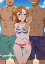 1girl 2boys abs absurdres asymmetrical_bangs bare_arms bare_shoulders beach bikini blue_bikini blue_eyes blue_shorts blue_sky bow breasts brown_hair collarbone day faceless faceless_male feet_out_of_frame floral_print furrowed_brow gluteal_fold grabbing_another&#039;s_breast grabbing_from_behind green_shorts grin groping hair_between_eyes hair_bow half-closed_eyes halterneck hand_on_own_arm height_difference hetero highres kosaka_honoka light_blush looking_at_viewer love_live! love_live!_school_idol_project medium_breasts multicolored_bikini multiple_boys muscular muscular_male navel nervous_smile one_side_up open_mouth outdoors pink_bikini shorts side-tie_bikini_bottom sky smile solo_focus standing straight-on string_bikini striped_bikini striped_clothes sun swimsuit thigh_gap topless_male usazirou539 white_bikini yellow_bow