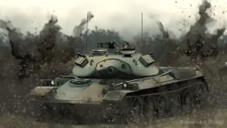 Rule 34 | 1girl, aiming, aiming at viewer, cannon, caterpillar tracks, dead-robot, dust, explosion, gun, japan ground self-defense force, japan self-defense force, machine gun, military, military vehicle, motor vehicle, original, outdoors, smoke, solo, tank, tank turret, type 74 (tank), vehicle focus, weapon