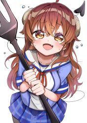 1girl :d @_@ ahoge blush breasts brown_eyes brown_hair chinami_ura collarbone cowboy_shot crying crying_with_eyes_open curled_horns demon_girl demon_horns demon_tail dot_nose fang fork hashtag-only_commentary highres holding holding_fork horns long_hair looking_at_viewer machikado_mazoku open_mouth pleated_skirt red_ribbon ribbon simple_background skirt smile solo sweatdrop tail tears white_background yoshida_yuuko_(machikado_mazoku)