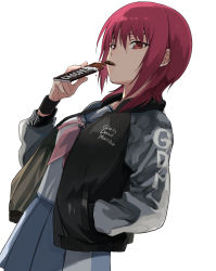 1girl angel_beats! asami_yuriko blue_sailor_collar blue_skirt candy chocolate chocolate_bar clothes_writing commentary_request cowboy_shot food hand_in_pocket highres iwasawa_masami jacket letterman_jacket neck_ribbon pink_ribbon pleated_skirt red_eyes red_hair ribbon sailor_collar school_uniform serafuku shinda_sekai_sensen_uniform short_hair simple_background skirt solo white_background